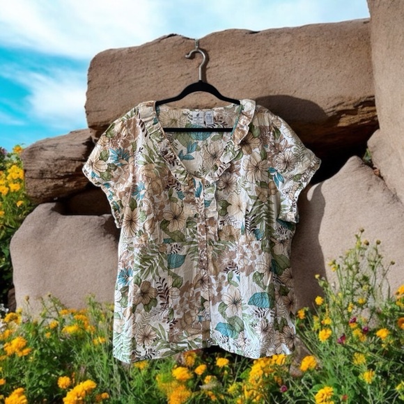 Caribbean Joe Tops - Caribbean Joe Cream w/Brown/Turquoise/Green/Tan Tropical Floral Print Top